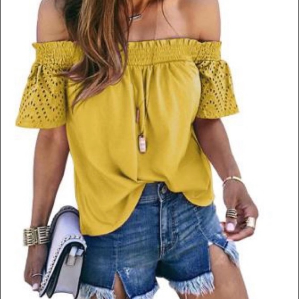 New Yellow Solid Shirring Off the Shoulder Top